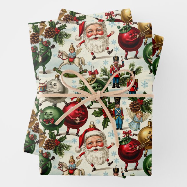 Tanzende Santa's und magische Ornamente Geschenkpapier Set (Beispiel)