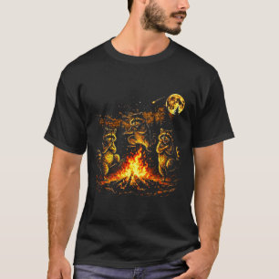 Tanzende Waschbären Lagerfeuer Wald Mond lustig T-Shirt