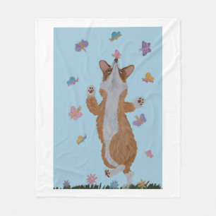 Tanzender Welsh Corgi mit Schmetterlingen Fleecedecke