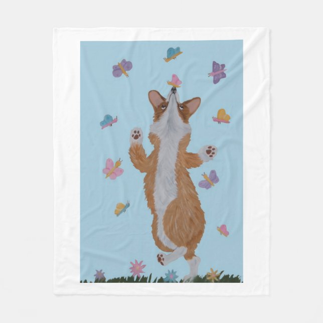 Tanzender Welsh Corgi mit Schmetterlingen Fleecedecke (Vorderseite)