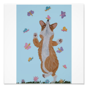 Tanzender Welsh Corgi mit Schmetterlingen Fotodruck