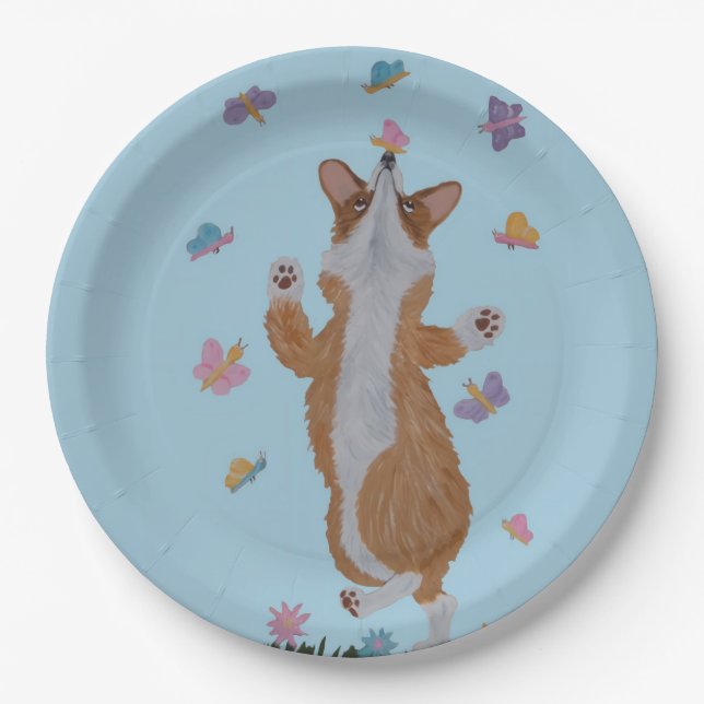 Tanzender Welsh Corgi mit Schmetterlingen Pappteller (Vorderseite)