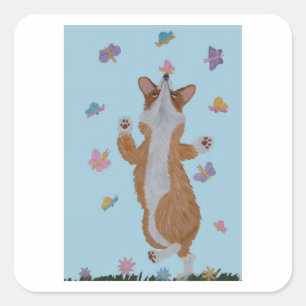 Tanzender Welsh Corgi mit Schmetterlingen Quadratischer Aufkleber