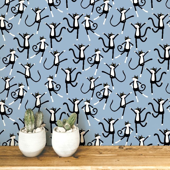 Tanzendes Katze Muster Blau Tapete (Fun black and white tuxedo cat pattern blue peel and stick art wallpaper)