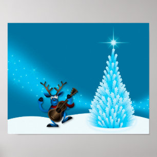 Tanzendes Rentier Gitarre Frohe Weihnachten Baum B Poster