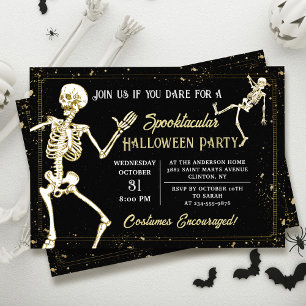 Tanzendes Skelett Schwarz Gold Halloween-Party Einladung