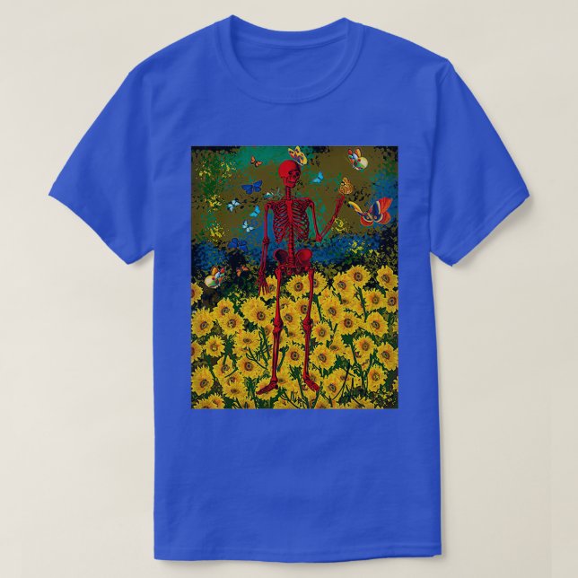TanzenSkeletoninSonnenblumenMit Schmetterlingen T-Shirt (Design vorne)