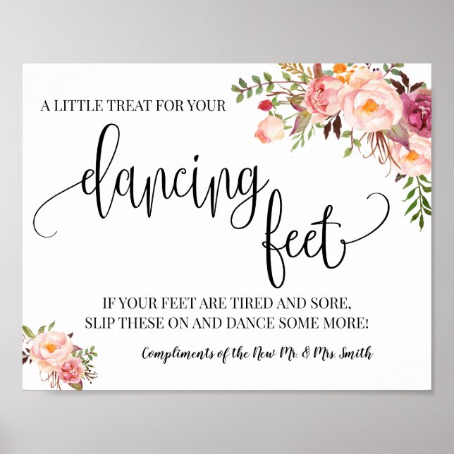 Tanzfüße Schild Flip Flops Hochzeit pink floral (Vorne)