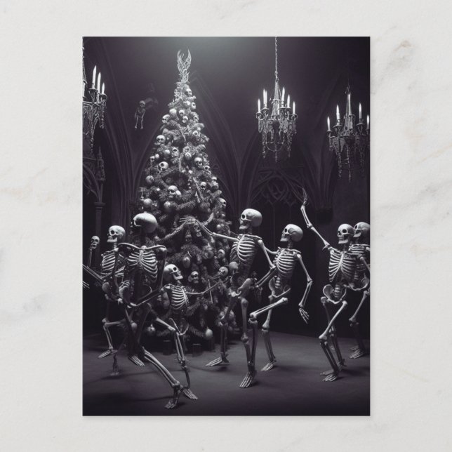 Tanzmakabre Weihnachten Skelette um den Baum Postkarte (Vorderseite)
