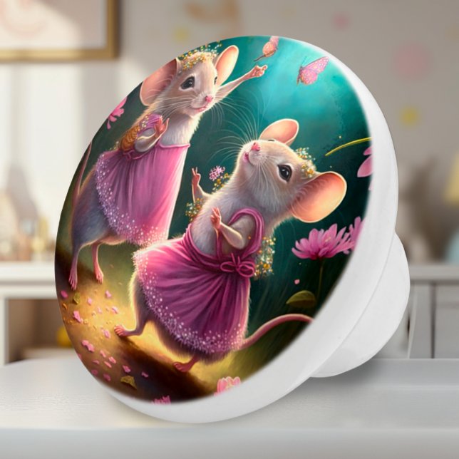 Tanzmäuse - Personalisierte Fantasie Keramikknauf (Ceramic Knob - Dancing Mice in Pink Dresses with Teal - Decor Accent for Girls Room or Nursery)