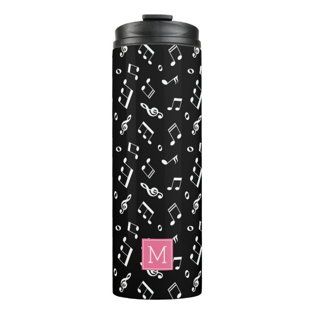 Tanzmuster und rosa Monogramm für Musiknoten Thermosbecher (Vorderseite)