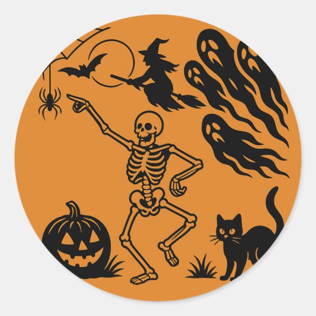 Tanzskelett und Schwarze Katze Halloween-Sticker Runder Aufkleber (Vorderseite)