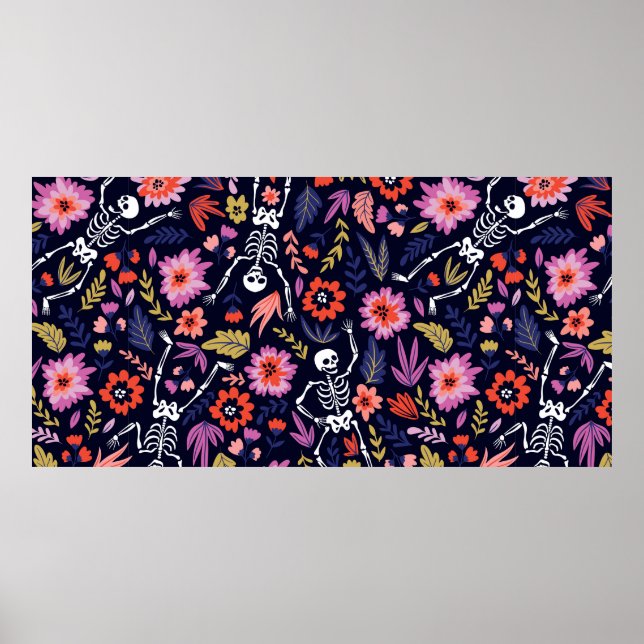 Tanzskelette im Blumengartenmuster Poster (Vorne)