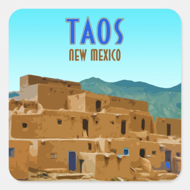 Taos Pueblos New Mexico Vintag Quadratischer Aufkleber (Vorderseite)