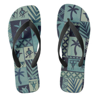 Tapa Blues Hawaiian Petroglyph Krieger Flip Flops