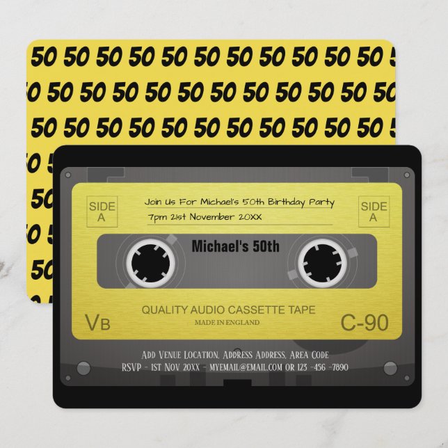 Tape Cassette RETRO Einladung 50. 60. 70. JA (Vorne/Hinten)