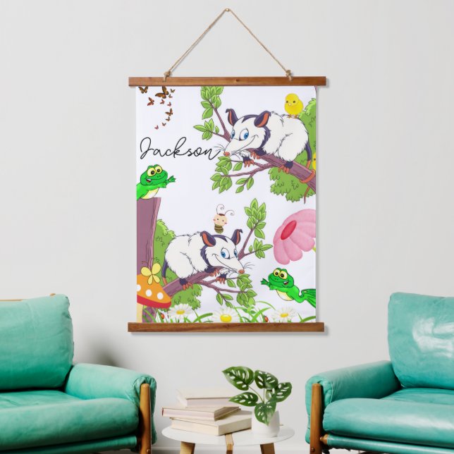 Tapestries Possum Frosch Chicks floral Wandteppich Mit Holzrahmen (Wohnzimmer)