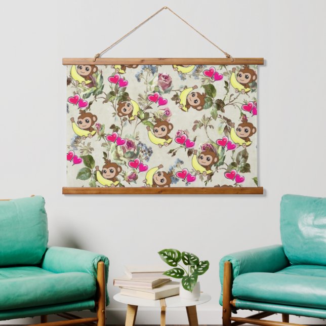 Tapestry-Affenbananen-Herzen aus Holz Wandteppich Mit Holzrahmen (Wohnzimmer)