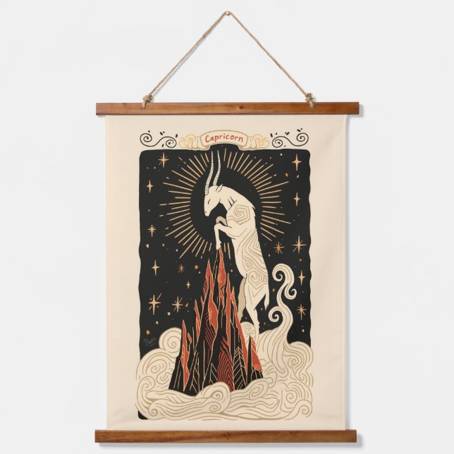 Tapestry Capricorn Celestial Zodiac Art Wandteppich Mit Holzrahmen (Vorderseite)
