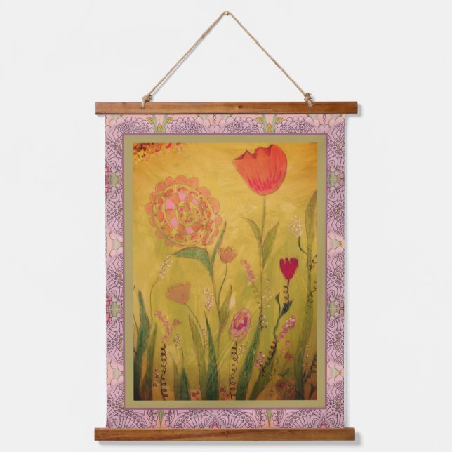 Tapestry - Mixed Media Flowers Wandteppich Mit Holzrahmen (Vorderseite)