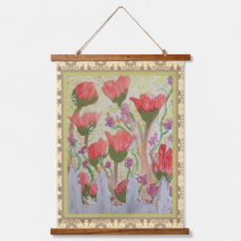 Tapestry - Red Flowers White Fence 2 Wandteppich Mit Holzrahmen
