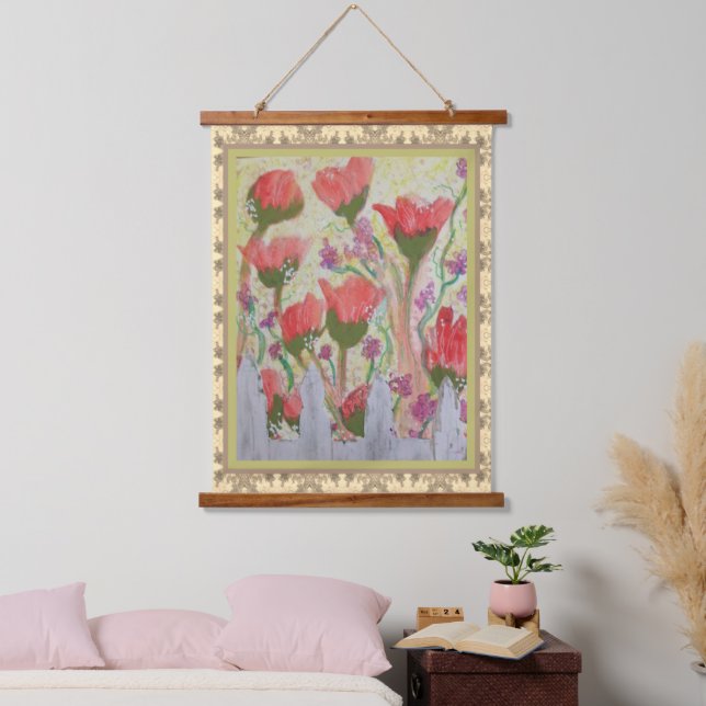 Tapestry - Red Flowers White Fence 2 Wandteppich Mit Holzrahmen (Schlafzimmer)