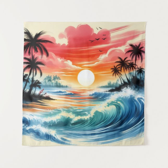 Tapestry Sunset Ocean Waves Tropical Beach Art Wandteppich (Vorderseite)