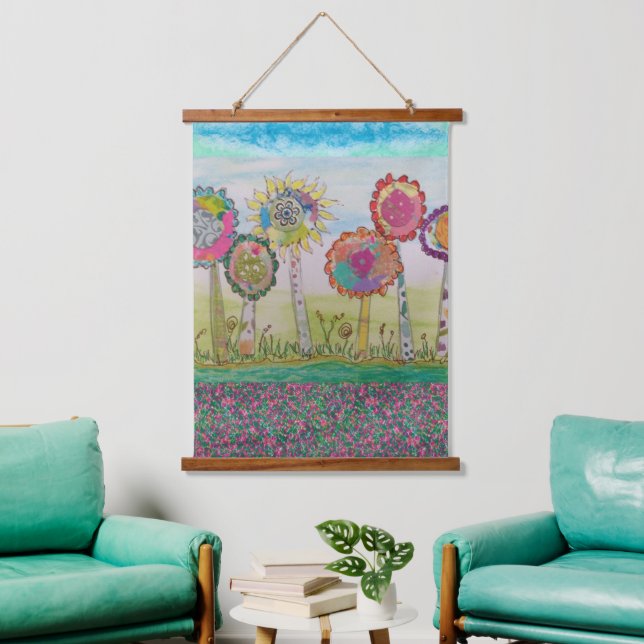 Tapestry - Whimsical Flowers  Wandteppich Mit Holzrahmen (Wohnzimmer)
