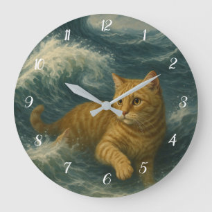 Tapfere rote Katze reitet auf Meereswellen Große Wanduhr