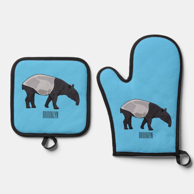 Tapir-Cartoon-Abbildung Ofenhandschuh & Topflappen-Set (Vorderseite)