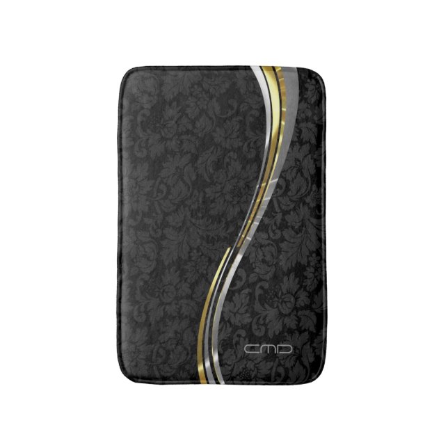 Tapis De Bain Accents Noir Damas Argent & Or (Devant (Vertical))