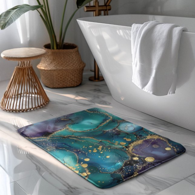 Tapis De Bain Aesthetic Turquoise & Gold Flowing Marble (Créateur téléchargé)
