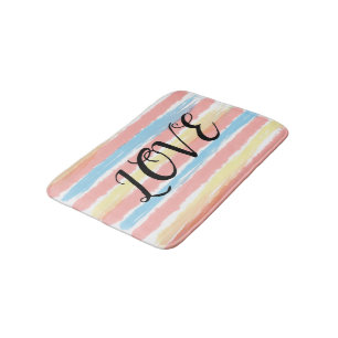 Tapis De Bain Amour Rose Bleu Jaune Rayures Aquarelle 