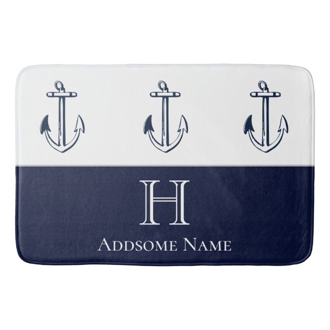 Tapis De Bain Ancre Bleue de la marine nautique Monogramme (Devant)