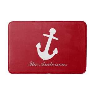 Tapis De Bain Ancre nautique blanche sur fond rouge, personnalis