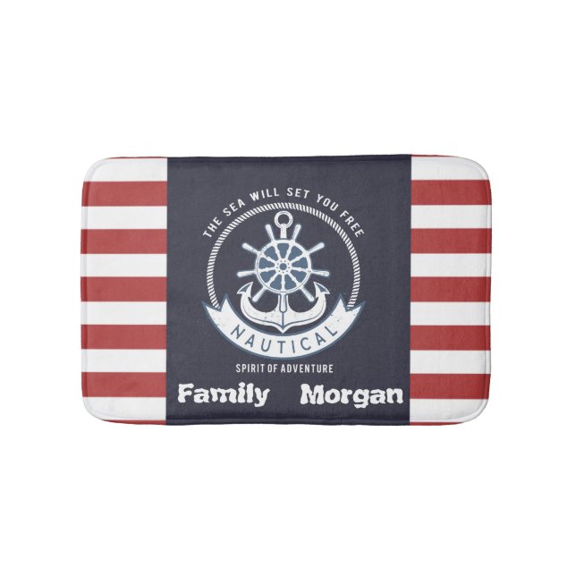 Tapis De Bain Ancre nautique, Roue, Bleu marine, Bandes rouges (Devant)