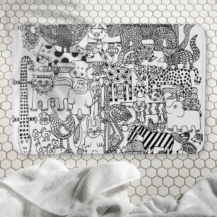 Tapis De Bain Animaux sauvages Art dessiné à la main en noir et