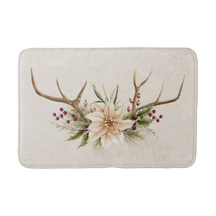 Tapis De Bain Antique Blanc Élégant Poinsettia & Antlers