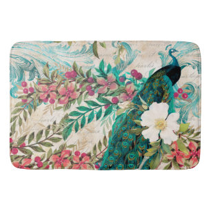 Tapis De Bain Antique Illustré Paon & Fleurs Grunge