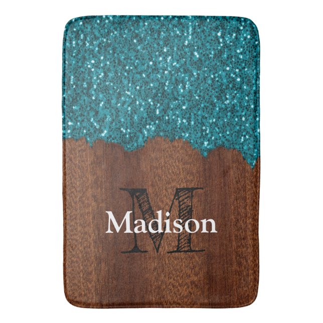 Tapis De Bain Aqua bleu étincelle bois brun rustique Monogramme (devant Vertical)
