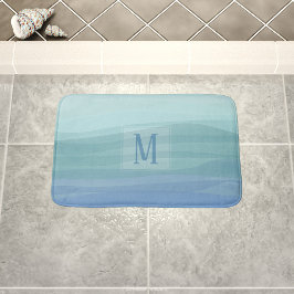 Tapis De Bain Aqua Blue Aquarelle Waves Monogramme Mat de bain
