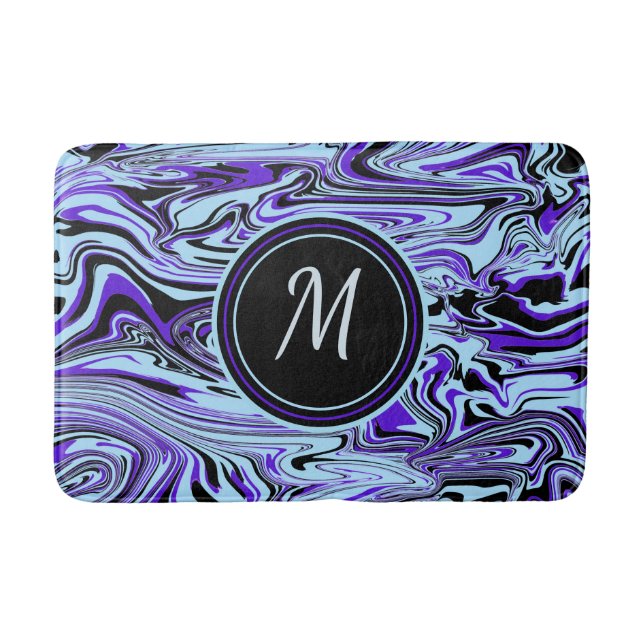 Tapis De Bain Aquarelle Abstraite bleu violet Monogramme moderne (Devant)
