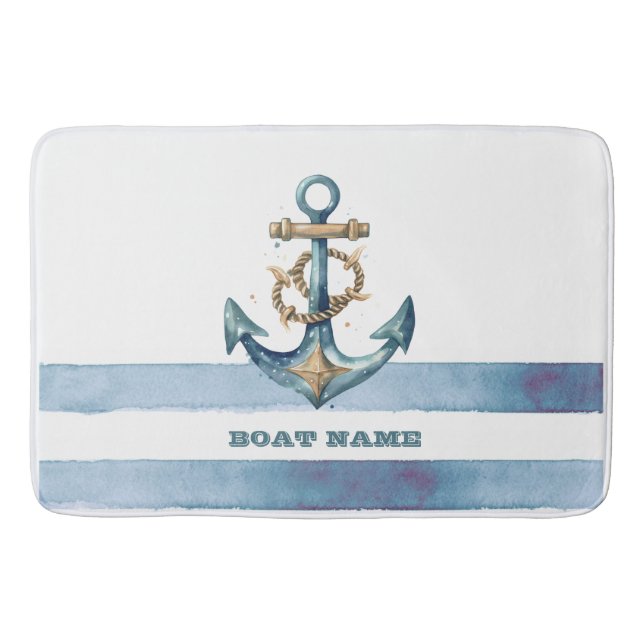 Tapis De Bain Aquarelle Ancre marine Bleu clair rayures (Devant)