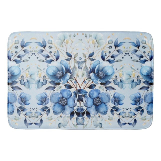 Tapis De Bain Aquarelle Bleu Fleurs Bain Mat (Devant)