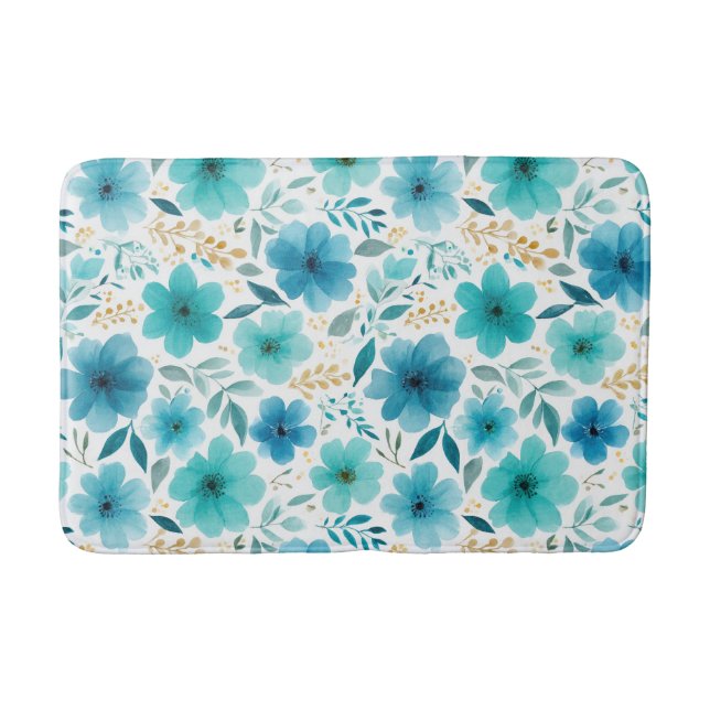 Tapis De Bain Aquarelle Bleu Fleurs de printemps Élégant Botaniq (Devant)