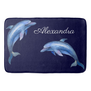 Tapis De Bain Aquarelle bleu marine Dolphin blanc Nom en bois bl