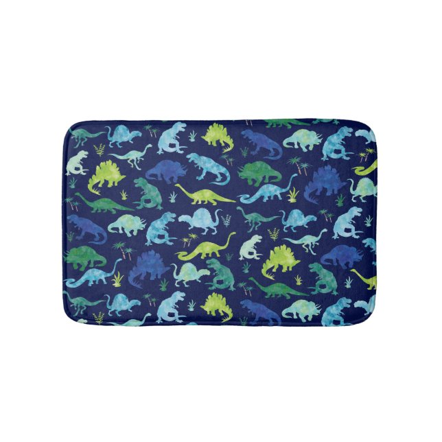 Tapis De Bain Aquarelle bleu vert Dinosaur Silhouette Enfants (Devant)