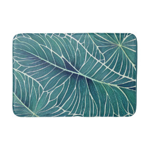 Tapis De Bain Aquarelle Bleu Vert Turquoise Feuilles tropicaux