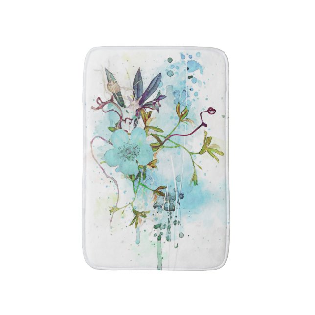 Tapis De Bain Aquarelle bleue Pastel Floral (Devant (Vertical))