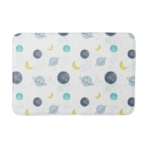 Tapis De Bain Aquarelle Blue Space Planet Motif